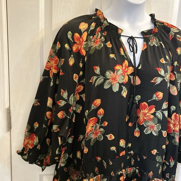 Terra & Sky Black Red Floral Maxi Dress Plus Size 5X 3/4 Sleeve Keyhole Tie Neck - Picture 9 of 16